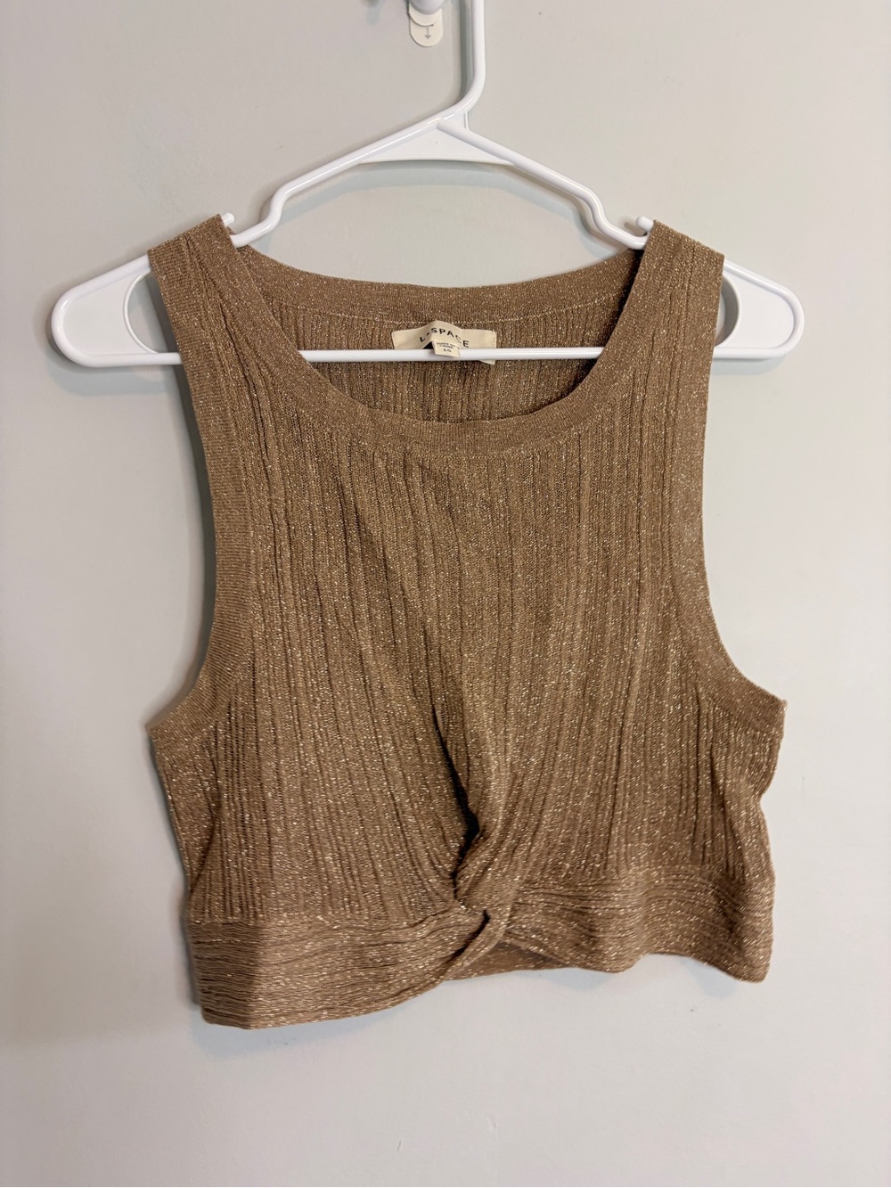 L Space Sparkle Ribbed Twist-Front Crop Tank Top Gold Metallic Taupe Large